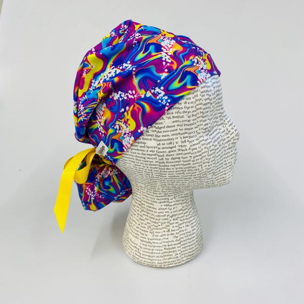Scrub hat by KimKaps surgical hat Ponytail scrub cap ribbon scrub hat blue teal green pink purple yellow rainbow