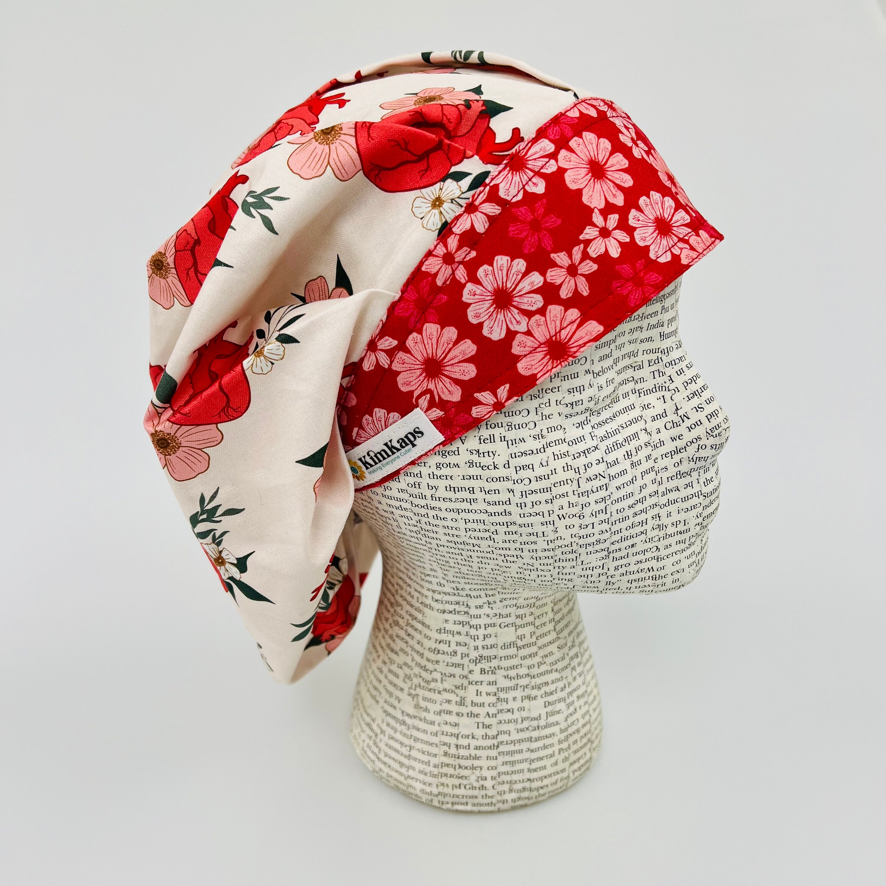 Scrub hat by KimKaps surgical hat bouffant scrub cap Traditional bouffant white red pink green flowers anatomical hearts