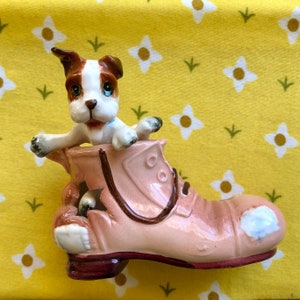 Vintage Jack Russell Terrier Puppy in an Old Boot  Made in Japan Ceramic Collectible Party Favor, Souvenir FREE SHIP