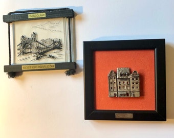 Pair of Small Plaques from Wroclaw, Poland, Tourist Trinkets, Grunwaldzki Bridge, Metal Emblem of Medieval Market Square