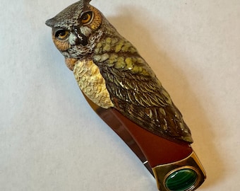 Vintage Franklin Mint Horned Owl Folding Knife med Malakitinsatshandtag