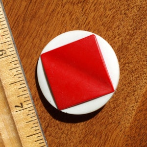 Vintage Modernist eometric Red and White Plastic Button 1.5 inches, 38 mm, shank