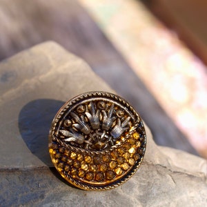 Vintage Czech Glass Ornate Flower Bouquet in a Basket Button, Gilt Highlights, Shank