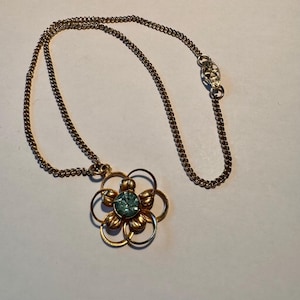 Vintage Child&#39;s Flower Necklace Goldstone with Pale Blue Set, 12 inch chain, 1950s