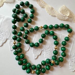 Vintage Malachite Bead Necklace with Gold Bead Spacers, 36 inch