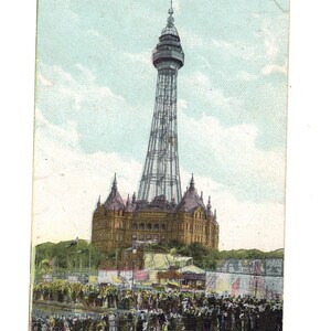 Carte postale anglaise ancienne New Brighton Tower Amusement Park avec un demi-penny le timbre du roi George V, le plus haut bâtiment de Grande-Bretagne