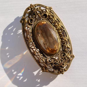 Antique Edwardian Filigree Sash Pin with Pale Apricot Colored Glass Set, Brooch, Pin,