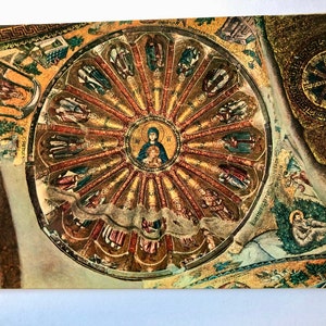 Cartolina turca d'epoca del mosaico bizantino di Maria e Gesù Cristo bambino dal Museo Khora, Istanbul, Turchia anni '70 SPEDIZIONE GRATUITA
