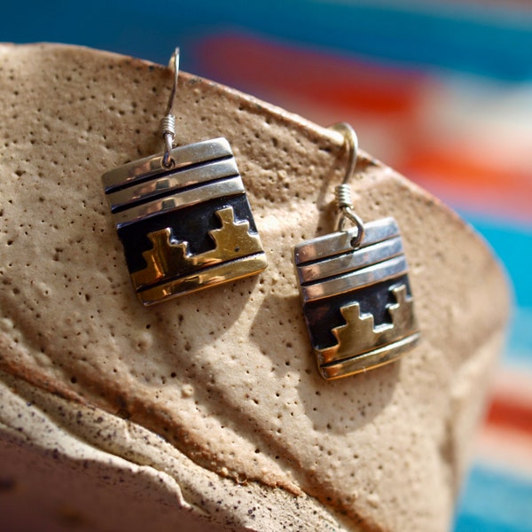 Rosita Singer Navaho Earrings Sterling Silver Dangle Earrings, Signed, Black and Brass Overlay, Vintage