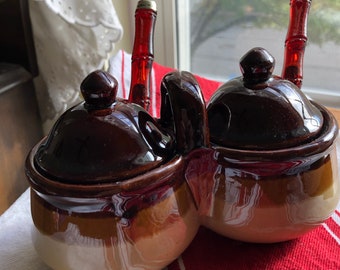 Vintage Stoneware Double Condiment Set with Spoons