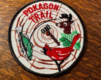 Insigne de récompense brodé Pokagon Trail, vintage des années 1960, scouts, patch à coudre de 4 pouces, embellissement