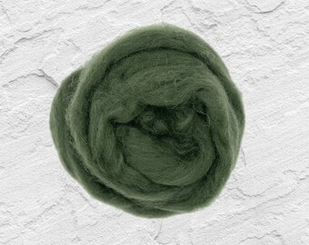 May include: A close-up of a ball of dark green wool roving. The wool is soft and fluffy, and it is perfect for felting or spinning.