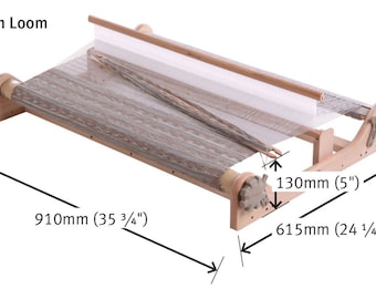 May include: A wooden loom with a woven fabric on it. The loom is 35 3/4 inches long and 24 1/4 inches wide. The loom is 5 inches tall.