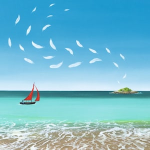 Carte postale brise Artiste Soizick Meister Illustration d'art Surréaliste Magie de la lumière Rêves fantastiques Rêve Été Printemps Voilier Sky Sails Adventure
