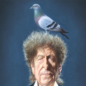 May include: A painting of a man with curly gray hair and a gray pigeon perched on his head. He is wearing a black suit jacket and a white shirt with a white tie. The background is a solid blue.