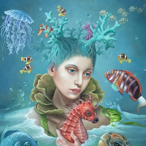 Ragazza dalla barriera corallina Cartolina Artista Suzan Visser Arte Illustrazione Surreale Luce Arte magia Fantasia Estate Animali Cavalluccio marino Tartaruga Pesce corallo
