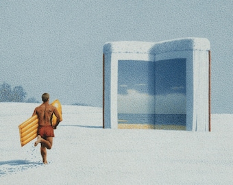 Praise of books Postcard Artist Quint Buchholz Art Illustration Surreal Light magic Fantasy Sky Dreams Dream Books Surf Blue Waters Beach