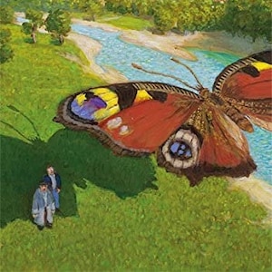 Pfauenauge Postkarte Künstler Michael Sowa Kunst Illustration Surreal Lichtmagie Fantasy Himmel Träume Schmetterling glückliche Ehe Glück