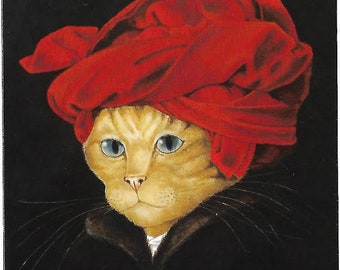 Cat Man in a Turban After Jan Van Eyck Note Card Envelope Design Animal , Cats  Art Ca 1433 Susan Herbert Netherlands Belgium Impressionism