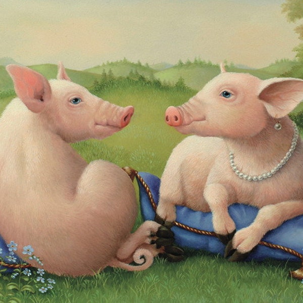 Pearls For Piggy Postcard Artist Suzan Visser Art Illustration Surreal Light Art magic Fantasy Sky Dreams Dream Picnic Coyntry Pig Pigs Sun