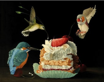 Feast Postcard Artist Suzan Visser Art Illustration Surreal Light Art magic Fantasy Sky Dreams Pastry Birds Kingfisher Cake Hummingbird Bird