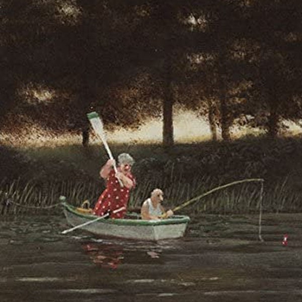 Angel Sundays Artist Postcard Gerhard Gluck Surreal Garden Couple rowing boat oar fishing trip lake Summer Murder Mystery  Enough trouble