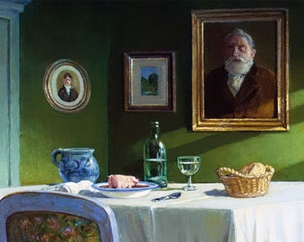 Sopa Cerdo IV Postal Artista Michael Sowa Arte Ilustración Arte Surrealista Magia Fantasía Alta Cena Comida Mesa Diversión Comportamiento Restaurante Chef Cerdos