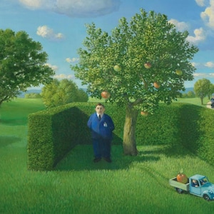 Cartolina di sicurezza Artista Michael Sowa Arte Illustrazione Surreale Luce Arte Magia Fantasia Cielo Sogni Stagione delle mele Raccolto Guardia Trasporto Divertimento