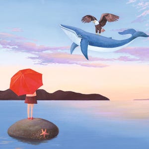 Annabelle e a Baleia Cartão Postal Artista Soizick Meister Ilustração de Arte Montanhas Umbrella Surreal Águia Fantasia Sonho Paisagem Verão