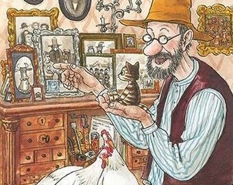 Petterson und Findus Familienfotos Postkarte Künstler Sven Nordqvist Bücher Bibliothek Schweden Alter Mann und seine Katze Märchen Klassisch Skandinavien