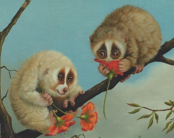 Fallen in Love Postcard Artist Suzan Visser Art Illustration Surreal Light Art magic Fantasy Sky Dreams Summer Animals Slow Loris Flower