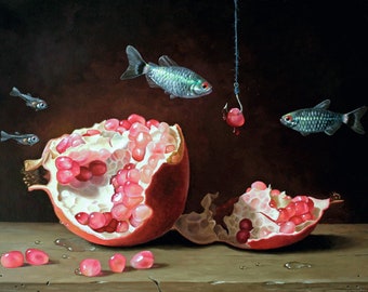 Bait Postcard Artist Suzan Visser Art Illustration Surreal Light Art magic Fantasy Sky Dreams  Fish Pomegranate Fishing Fruit Exotic water