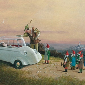 Carte postale cercueil de blanche-neige Gerhard Gluck Fantaisie Surréaliste Conte de fées Illustration grotesque Caricature Rêves magiques Peur les sept nains