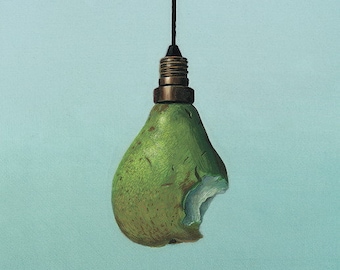 Pear Postcard Artist Michael Sowa Art Illustration Surreal Light Art magic Fantasy Sky Dreams Dream Light bulb Lamp Bite Fruit Green yummy