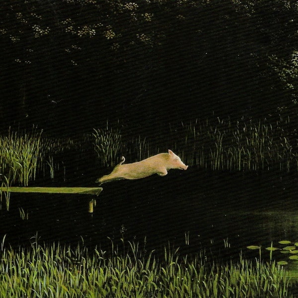 Diving Pig Postcard Artist Michael Sowa Art Illustration Surreal Light  magic Fantasy Sky Dreams Dream Summer Spring Stunning Evening Lake
