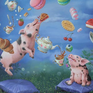 Cartão postal de chá da tarde Artista Suzan Visser Ilustração de arte Arte surreal de luz mágica Fantasia Céu Sonhos Sonho Piquenique Porcos Sol Festa Bolos Bolos