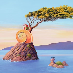 Retiro Cartão Postal Artista Soizick Meister Arte Ilustração Surreal Luz mágica Fantasia Sonho Verão Ilha Aventura Mar Solitário Ilustração
