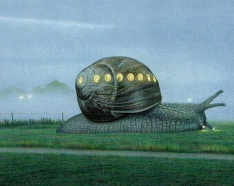 In the green landscape 2 Postcard Artist Quint Buchholz Art Illustration Surreal Light Snail Summer Night Animal Meadow Window Lights Fog