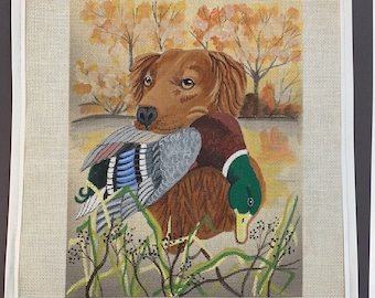 Dog with Mallard Hand Painted Needlepoint Canvas