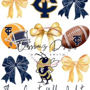 May include: Watercolor illustrations featuring a football helmet, football, bows, and a bee mascot. The designs incorporate the colours navy blue, gold, and yellow, with the text "Thomas County Yellow Jackets".