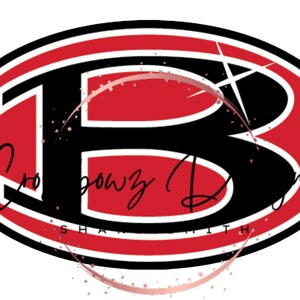 May include: A red and black oval logo with the letter "B" in the center. The letter is black with a white outline. The oval is outlined in black and has a white stripe around the edge. The text "Crossbow Designs" is written in cursive below the letter "B".