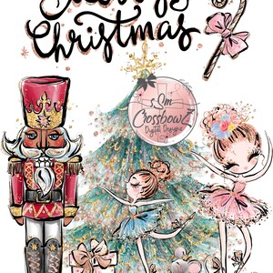 Op de afbeelding: Een digitale illustratie van een kerstscène met een notenkraker, een kerstboom, twee ballerina's, een muis en een snoepstok. De tekst "Merry Christmas" is geschreven in gouden glitterletters.