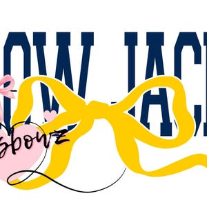 May include: A yellow ribbon tied in a bow with a pink heart and the text "Crossbowz" in the centre. The text "YELLOW JACKETS" is in blue letters behind the ribbon.
