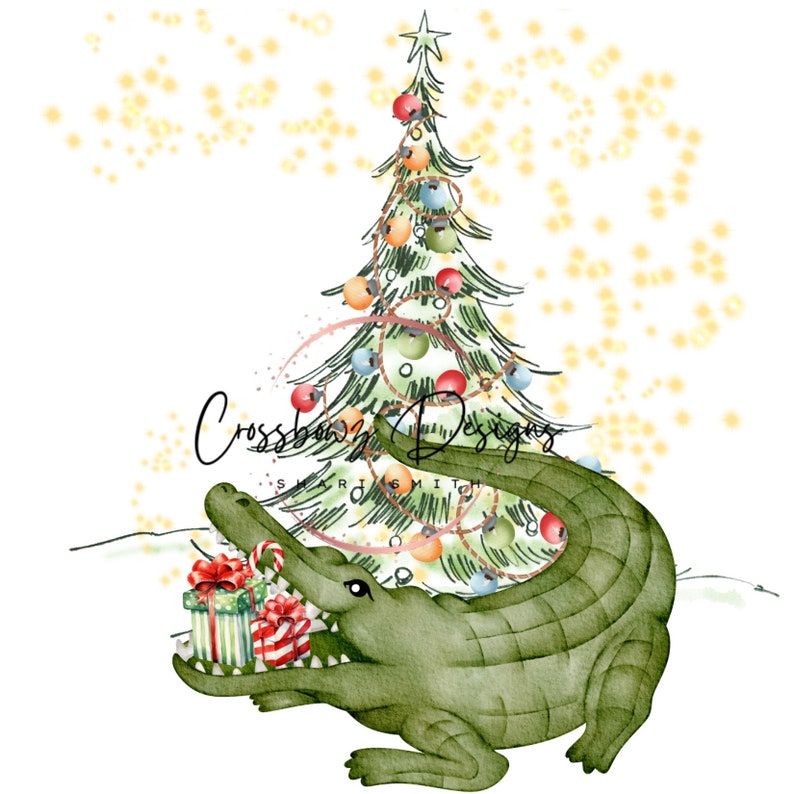 K&ouml;nnte beinhalten: Ein gr&uuml;ner Alligator h&auml;lt eine verpackte Geschenkbox mit roten und wei&szlig;en Zuckerstangen im Maul. Der Alligator steht vor einem geschm&uuml;ckten Weihnachtsbaum mit bunten Ornamenten und Lichtern.