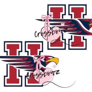 May include: Two illustrations of a stylized eagle design with the letter "H". The eagle is red, navy blue, and yellow. The letter "H" is red with a navy blue border. A pink heart with a bow and the word "crossbowz" is in the center.