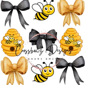 May include: A digital illustration of a beehive with two bees, a bee with wings spread, and three bows. Two bows are yellow and one is black.