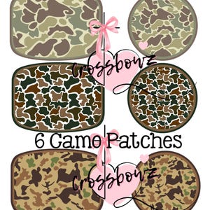May include: Six camouflage patterned fabric patches in various shapes and sizes. The patches are brown, green, and tan with a white background. The text "6 Camo Patches" is printed below the patches.