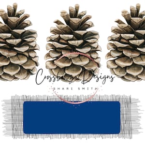 May include: Three brown pine cones with a blue rectangle and the text "Crossbow Designs SHARI SMITH" in a white font.
