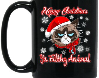 Merry Christmas Filthy Animals, funny mug, Christmas Cat mug, Cat Christmas gift, funny gift, Funny Christmas Mug, 15 oz. Black Mug