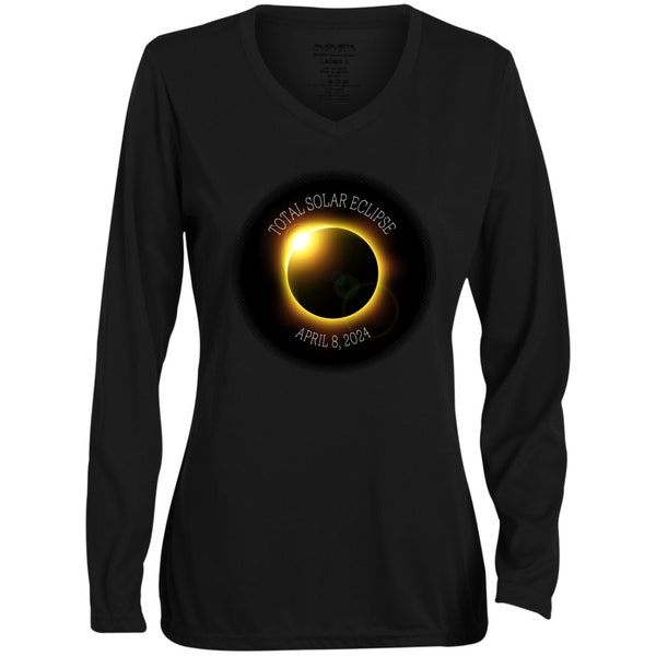 Total Solar Eclipse Aprl 8, 2024, Ladies' Moisture-Wicking Long Sleeve V-Neck Tee, Solar Eclipse shirt for women, long sleeve shirt, gifts